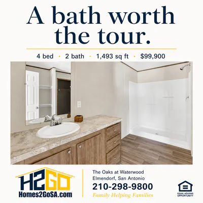 Square ad: “A bath worth the tour.” 4 bed, 2 bath, 1,493 sq ft, over a photo of the bathroom.